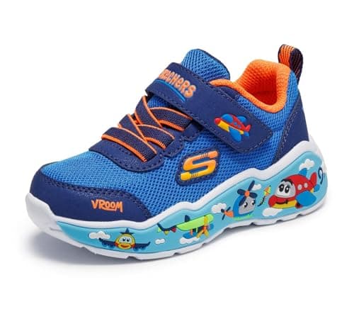 Image of Skechers Baby Boy's Play Scene Sneaker, Blue & Navy Textile/Synthetic/Orange Trim, 6 UK