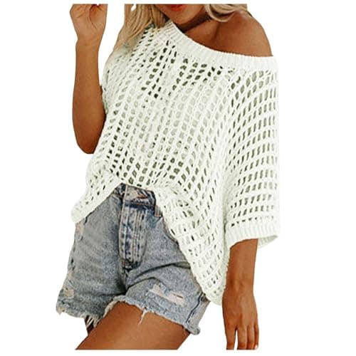 Image of Crochet Tops for Women UK,Womens Summer Scoop Neck Off The Shoulder Long Sleeve Sweater Casual Crochet Hollow Out Knit Jumper Pullover Shirts Beach Coverup 2025 New Going Out Knitwear White