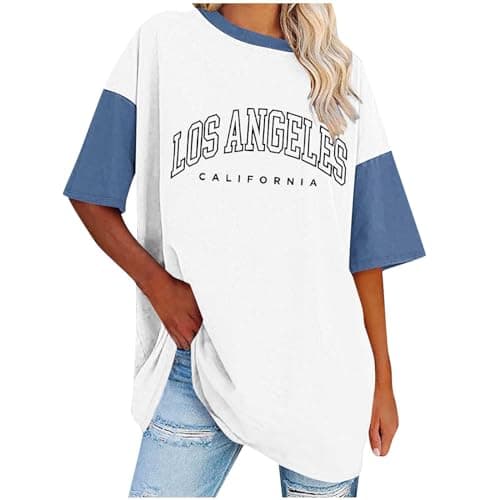 Image of Ladies Tops Round Neck Oversized T Shirts for Women Drop Shoulder Y2k Short Sleeve Letter Printed T Shirts Casual Plus Size Summer Tunic Tops Fashion T-Shirts for Teen Girls UK Size S-5XL Clearance