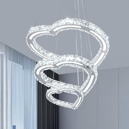 Image of FRIXCHUR Modern Crystal Chandelier Acrylic 3 Heart Rings LED Pendant Light Fixture Hanging Adjustable Stainless Steel Ceiling Lamp for Living Room Bedroom Dinning Room (Cool White)