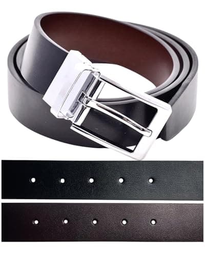 Image of Men's Reversible Genuine Leather Belt - From 32-36” Adjustable Waist, Brown/Black, Chrome Twist Buckle, 34mm Wide, For Casual or Smart/Suit/Dress Wear, Presentation Gift Box & Punch Included
