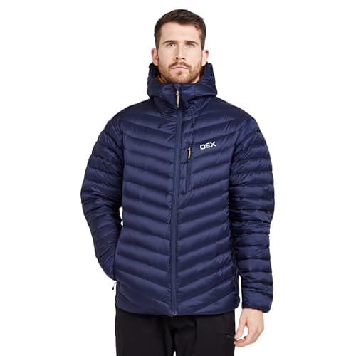 Image of OEX Men’s Kintra Down Jacket with Wired Peak Adjustable Hood & Athletic Fit, Water-repellent, Lightweight & Packable (UK, Alpha, M, Regular, Regular, Navy)