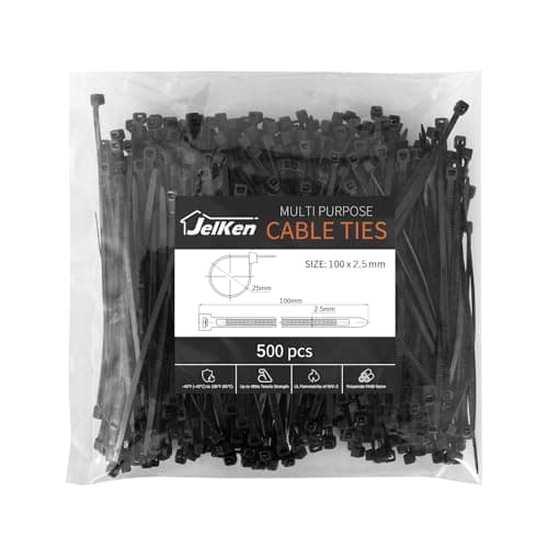 Image of JelKen 500 Pack Black Cable Ties, 100mm x 2.5mm, 4" Nylon Tie Wraps, Self-Locking Small Zip Ties for Home Office and Garden
