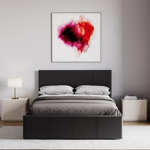 Image of Vida Designs Lisbon Small Double Bed, 4Ft Ottoman Bed Frame Upholstered Faux Leather Headboard Low Foot End Bedroom Furniture, Black (UKFR Certified)