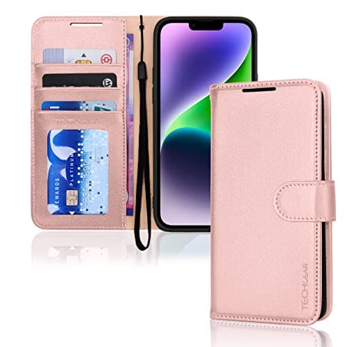 Image of TECHGEAR iPhone 14 Leather Wallet Case, Flip Protective Case Cover with Wallet Card Holder, Stand and Wrist Strap - Pink PU Leather with Magnetic Closure for iPhone 14 6.1"
