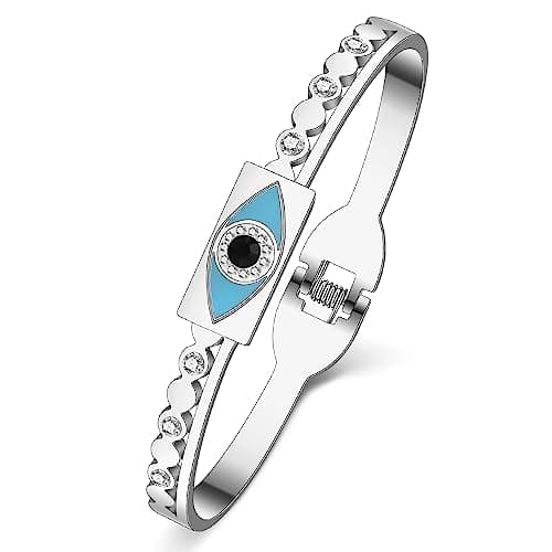Image of BAMAY Resin Evil Eye Bracelets Stainless Steel Plated Silver 18K Gold Bracelet for Women Girls Bangle Bracelet Charms (Silver 077)