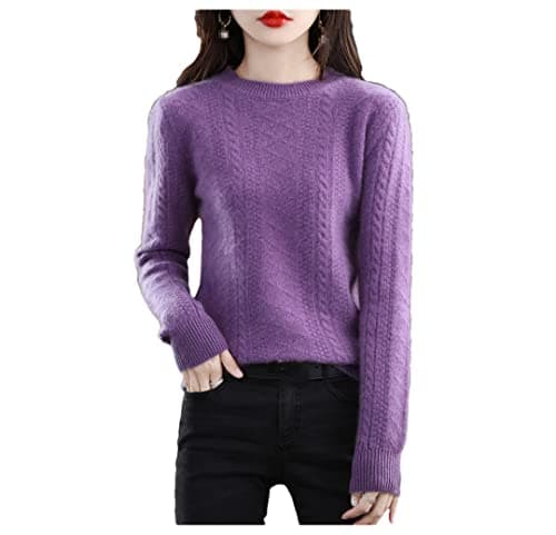 Image of Hamthuit Women's Wool Pullover Casual Round Neck Knitwear Thickened Loose Ladies Tops Sweater Violet XL