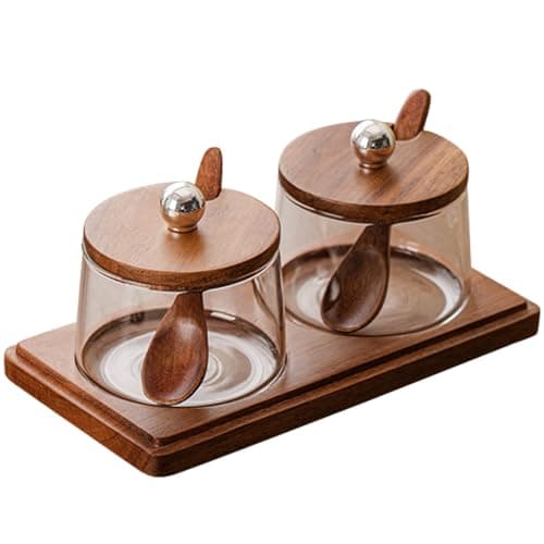 Image of Condiment Containers Set with Acacia Wood Lids and Tray Seasoning Box Condiment Pots Jars with Spoons for Spice Salt Sugar Cruet (Silver Top, 2 Jars with Tray)