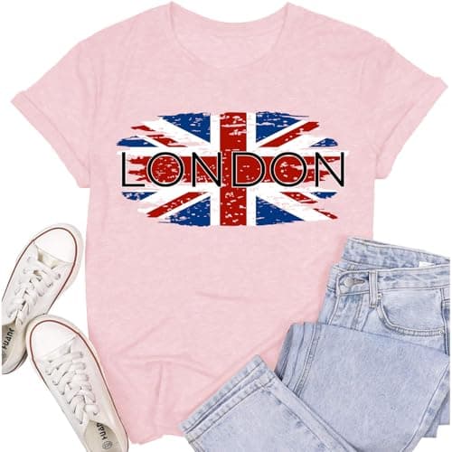 Image of Cutesong Womens London England Shirt London Shirts United Tee Tops for Ladys Union Jack Flag Souvenir Printed T-Shirt Tops Pink