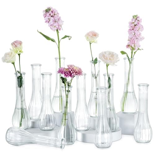 Image of NUPTIO Glass Bud Vases for Flower: 12 Pcs 21.7cm Tall Small Vase for Wedding Decor - Clear Decorative Ribbed Centrepiece for Party Housewarming Home Room Table Decoration