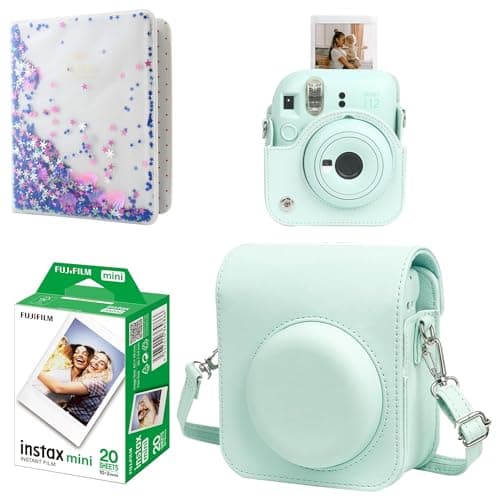 Image of Mini 12 Instant Camera Starter Kit For Fuji Instax Mini 12 Mint Green Kit Includes Mini Instant Film 20 Photos, Matching Colour PU Leather Case & Mini Photo Book Album for Instax Mini 12 Green