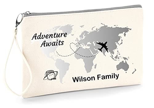 Image of TM THREADS Personalised Family Passport Holder, Travel Documents Wristlet Pouch, 100% Brushed Cotton with Grey Zip, Silver Grey World Map Design