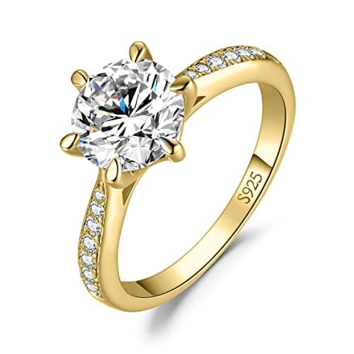 Image of JewelryPalace Classic 2ct Cubic Zirconia Solitaire Engagement Rings for Women, 925 Sterling Silver 14K Yellow Gold Plated Promise Ring for Her, Round Cut Simulated Diamond Anniversary Wedding RingsN