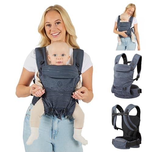 Image of Ickle Bubba Baby Carrier 3-in-1 Ergonomic Baby Carrier (Slate) – 10 Weeks-24 Months (Up to 15 kg) Front, Back & World Facing - Breathable Adjustable Fabric, Lumbar Support, Hands Free