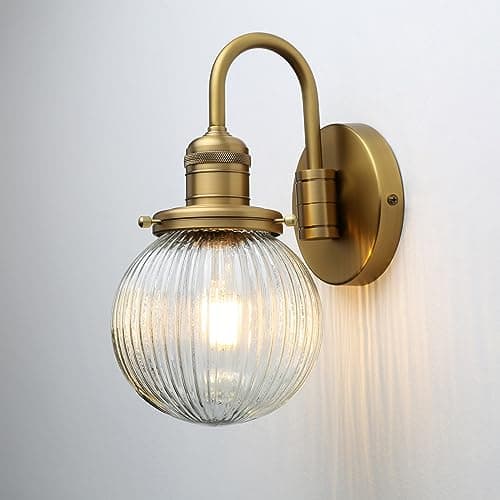 Image of JIMUBEAM Industrial Vintage Gooseneck 1-Light Wall Sconce with 5.9" Round Ribbed Clear Glass Globe Lampshade Indoor Wall Mounted Lamp Fixture for Bedroom Living Room Vanity Bathroom