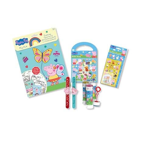Image of Anila's Peppa Pig Activity Set with Play Pack, Sticker Scenes, Fun Sticker Assortment Pack, Silicone Snap Bracelet & Bubble Tub with Wand.