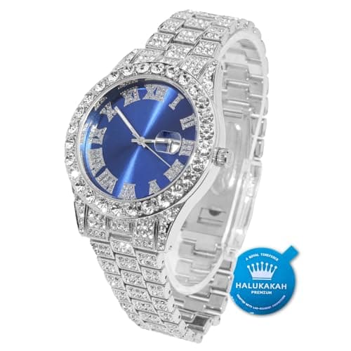 Image of HALUKAKAH Diamonds Gold Watch Iced Out, Men's Platinum White Gold Plated 42MM Width Blue Dial Quartz Wristband 24cm, Free Giftbox