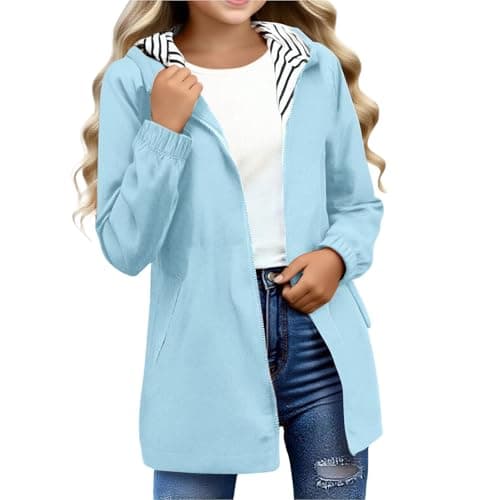 Image of YCBMINGCAN Girls Raincoat Kids Waterproof Jacket | Long Lightweight Windbreaker Parka with Hood | Teen Zip Up School Rain Coat with Pockets Casual Autumn Outerwear for Youth 5-16
