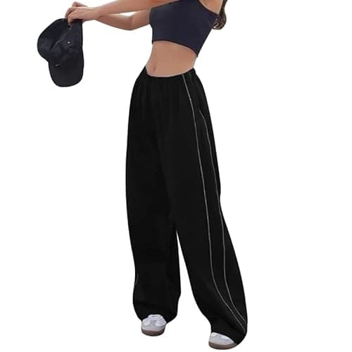 Image of Litthing Womens Baggy Cargo Trousers Elastic Waist Parachute Pants Drawstring Wide Leg Casual Track Pant with Pockets Y2k Streetwear for Women Black
