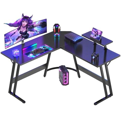 Image of Devoko L Shaped Gaming Desk Corner Gaming Desks 120x120x75cm Computer Gaming Desk Large PC Writing Table for Home and Office,Carbon Fibre Black