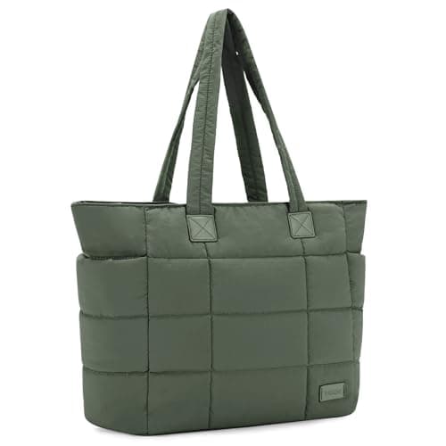Image of VASCHY Tote Bag for Women, Lightweight Quilted Puffer Work Tote with Laptop Compartments Large Puffy Handbag for Nurse/Teacher/Travel/Gym Green