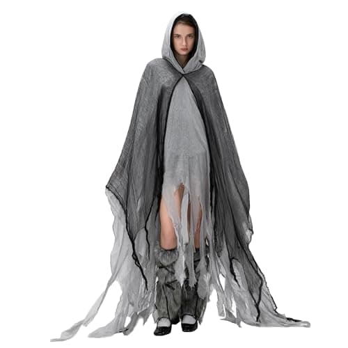Image of Edhomenn Halloween Adult Women Men Witch Cloak with Hood Ripped Grim Reaper Cape Cosplay Props (Gray, One Size)