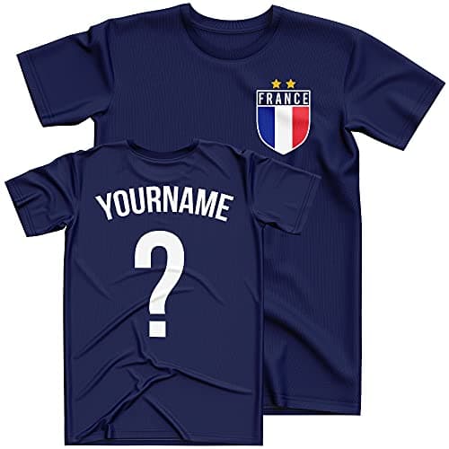 Image of France Football Shirt Kids - France Flag Badge Custom Name And Number T Shirt - Football Personalised Retro Europe Summer 2021 Footy Gifts For Boy - Unique European Footie Top, 7-8 Years, Navy
