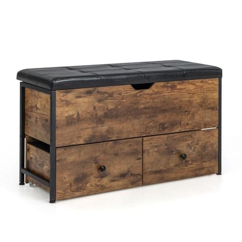 Image of CASART Ottoman Storage Bench, Flip Top Storage Bench with Padded Cushion, Hidden Compartment & 2 Drawers, Industrial Shoe Bench Wooden Storage Chest for Bedroom Entryway Living Room