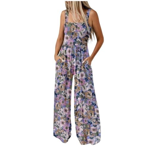 Image of Keepink Women Jumpsuit Elegant Ladies Dungarees Smocked Baggy Wide Leg Rompers Floral Bohemian Pants Sleeveless Strappy Overall with Pocket Loose Casual Playsuit for Summer Holiday Beach