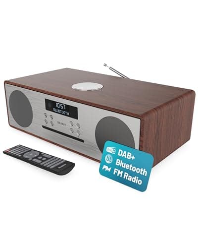Image of DAB+ Radio & CD Player | Compact Wooden HiFi Music System | Bluetooth Digital Home Stereo | FM, 20 Presets, Radio Alarm, & Remote Control | AUX & USB Input | USB Charging | MAJORITY Oakington (Walnut)