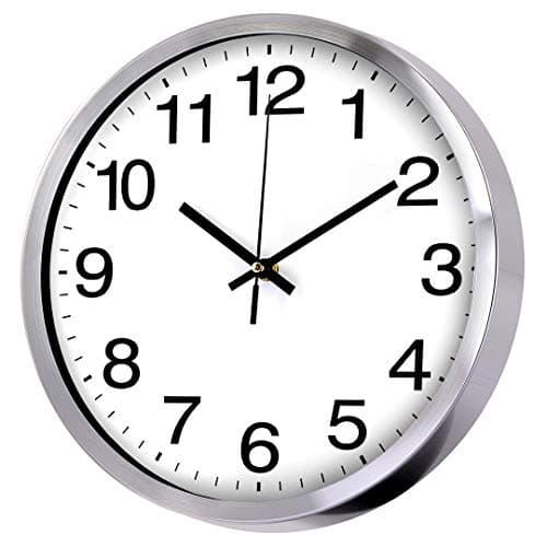 Image of Wall Clock 12 Inch Metal Frame Glass Cover Non-ticking Number Quartz Wall Clock Modern Quartz Design Decorative Indoor/Kitchen(Silver)