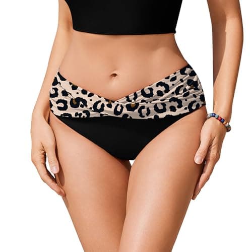 Image of Ekouaer Women's Bikini Bottoms Swim Pants Twist Front Ruched Swimsuit Basic Swimwear Leopard XL