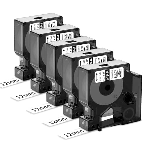 Image of MarkField Compatible with Dymo Rhino Industrial Vinyl Labels 18444 | 12 mm x 5.5 m | Black Print on White | Self-Adhesive | Work for DYMO Rhino 5200 4200 6000 Industrial Label Maker | 5 Pack