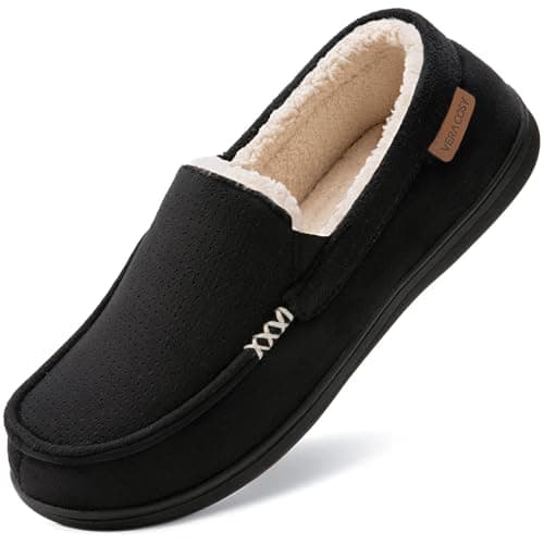 Image of VeraCosy Men's Women's Comfy Suede Memory Foam Moccasin Slippers Warm Sherpa Lining House Shoes with Anti-Skid Rubber Sole, Black /Men, 9 UK Men/ 10 UK Women