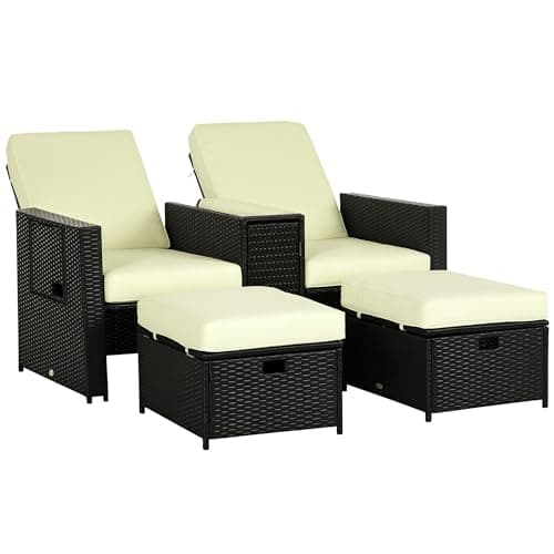 Image of Outsunny 5PC PE Rattan Sun Lounger, Outdoor Wicker 5-level Adjustable Recliner Sofa Bed with Storage Side Table and Footstools, for Patio, Garden, Poolside, Black