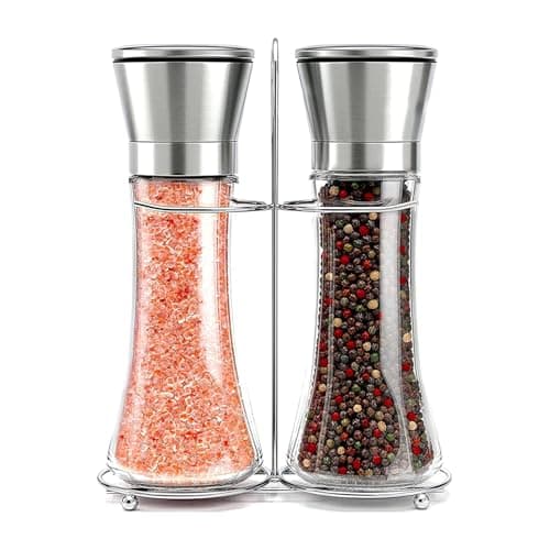 Image of Willow & Everett Salt and Pepper Grinders - Set of Premium Stainless Steel Mills w/Stand – Tall Shakers w/Adjustable Coarseness - Salt & Pepper Mills w/Lids