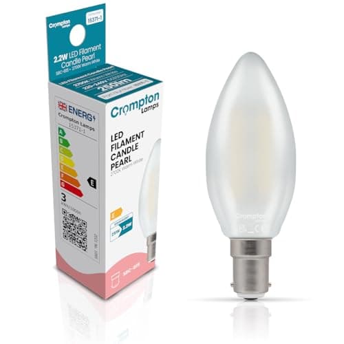 Image of Crompton Lamps Filament Candle LED Light Bulb SBC-B15d | 2.2W = 25W Equivalent | Warm White 2700K | Energy Efficient | Small Bayonet Lightbulb | Long Life 15000-Hrs | Pearl Glass | Dimmable