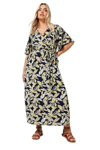 Image of Yours Curve Blue Leaf Print Wrap Maxi Dress - Women's - Plus Size Curve