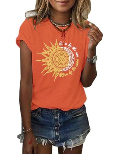 Image of Cicy Bell Women's Sun and Moon Printed T-Shirts Summer Crew Neck Short Sleeve Tops Vintage Basic Shirts, orange, S