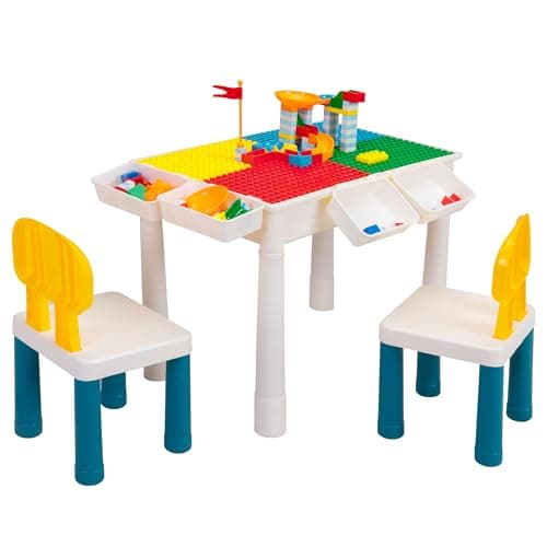 Image of LeFluffy 7-in-1 Activity Table Set, Toddler Table and Chair Set with Storage, Building Block Table with 100PCS Play Blocks, Water & Sand Table for Boys Girls Ages 1-3, 82×38×46CM (Red&Blue)