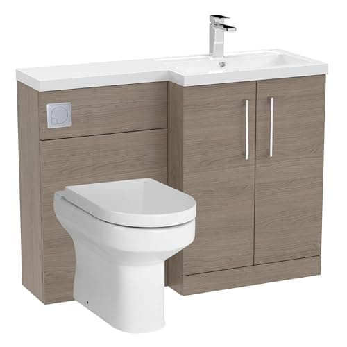 Image of Balterley Vanity Unit with Basin, WC Unit with Toilet Pan, Seat, Cistern, Floor Standing 2 Door Soft Close Vanity, Toilet Pan with Soft Close Seat, Right Hand Bathroom Sink Storage (Solace Oak)