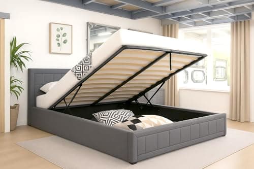 Image of Modernique Grey Fabric Ottoman Storage Double (4ft6) Bed with Underneath Storage, Wooden Sprung Slatted Base (Double)