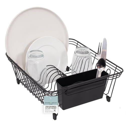 Image of YöL Wire Dish Drainer & Detachable Cutlery Basket Non Slip Kitchen Sink Drying Rack Space Saver - Plates Bowls Dishes Cups Glasses Knives Forks Spoons Utensil