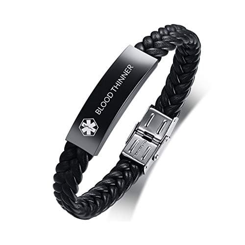 Image of PJ JEWELLERY Blood THINNER - Black Stainless Steel Braided Leather Medical Alert Bracelet Customise Diabetic ID Bracelet for Men's,SOS Emergency Life Awareness Bracelet,Adjustable