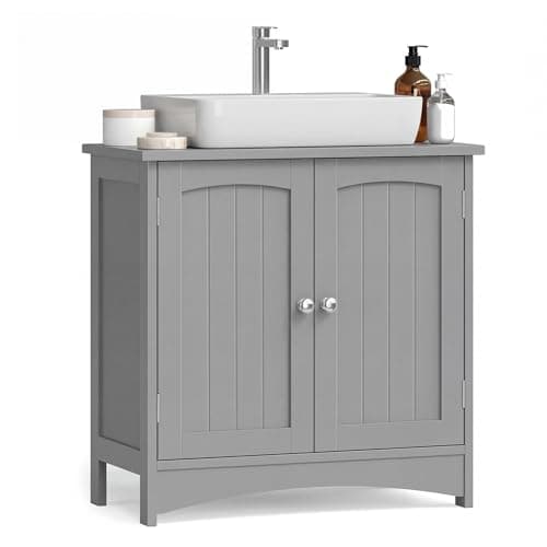Image of VASAGLE Under Sink Bathroom Cabinet with 2 Doors, Freestanding Storage Cabinet with Adjustable Shelf, Farmhouse Style, 23 x 20 cm Syphon Opening, 30 x 60 x 60 cm, Dove Grey BBC100GD01