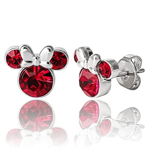 Image of Disney Minnie Mouse Birthstone Jewelry, Silver Plated Crystal Stud Earrings for Women and Girls Mickey's 90th Birthday Anniversary (More Colors Available)