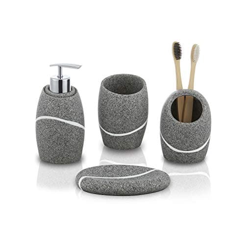 Image of zccz Grey Bathroom Accessory Set 4 Pieces - Bathroom Organiser with Tootbrush Holder, Lotion Soap Dispenser, Vanity Tray and Soap Dish - Modern Bathroom Decor - Bathroom Accessories Set