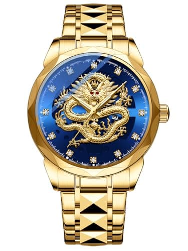 Image of FANMIS Men's Luxury Golden Dragon Watch Unique Carved Diamond Dial Quartz Watch Classic Business Luminous Waterproof Wristwatches Stainless Steel Strap, Gold Blue