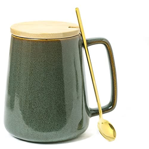 Image of Large Ceramics Coffee Mugs,24 OZ/700ml Extra Large Cups,Matching Lid and Spoon, for Cappuccino, Latte, Hot Cocoa Or Hot Tea -Gift for Birthday/Christmas/Valentine's (24 oz Dark Green Set)