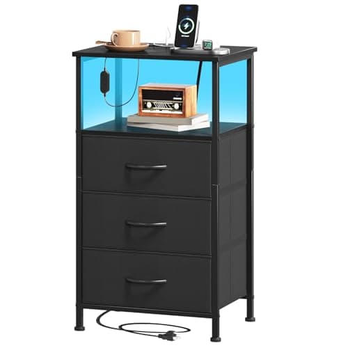 Image of Somdot 3 Drawers Chest of Drawers for Bedroom with Charging Station and LED Light, Bedside Table with 2 Outlets and 2 USB Ports, Bed Side Table Cabinet for Dorm Kids Room Closet, Black